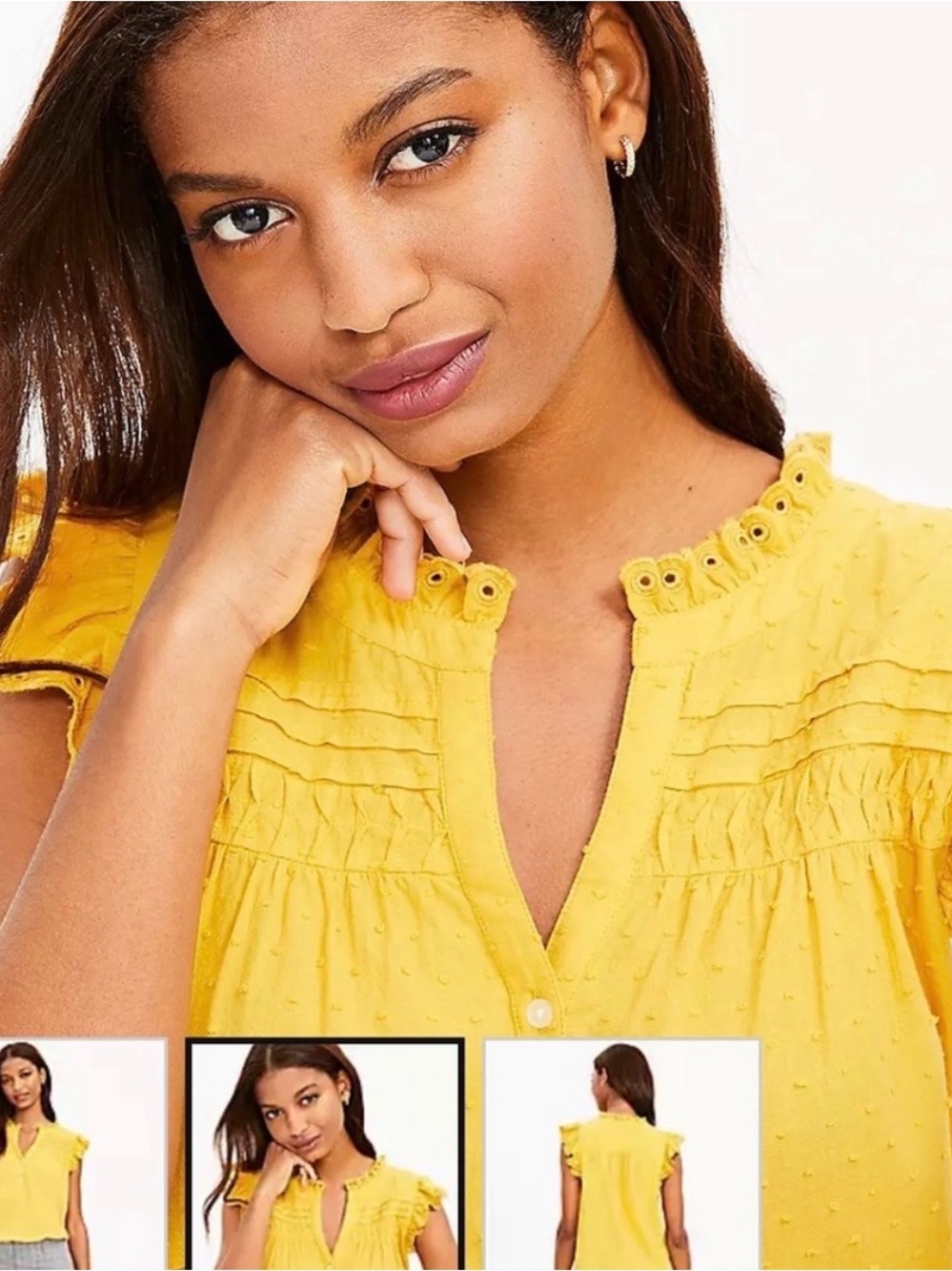 LOFT Yellow Eyelet Ruffle Split-Neck Blouse - Picture 2 of 8